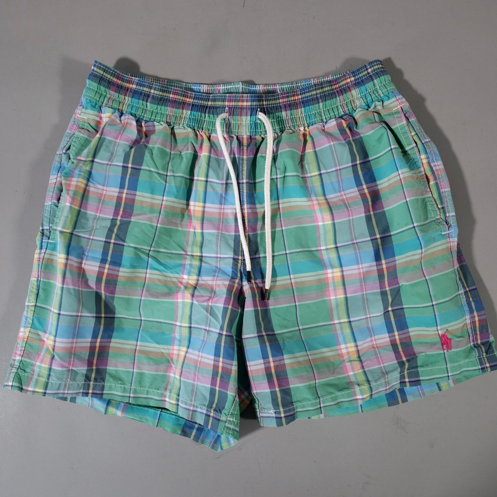 Polo Ralph Lauren Swim Trunks Mens Small Green Plaid‎ Cotton Blend Board Shorts